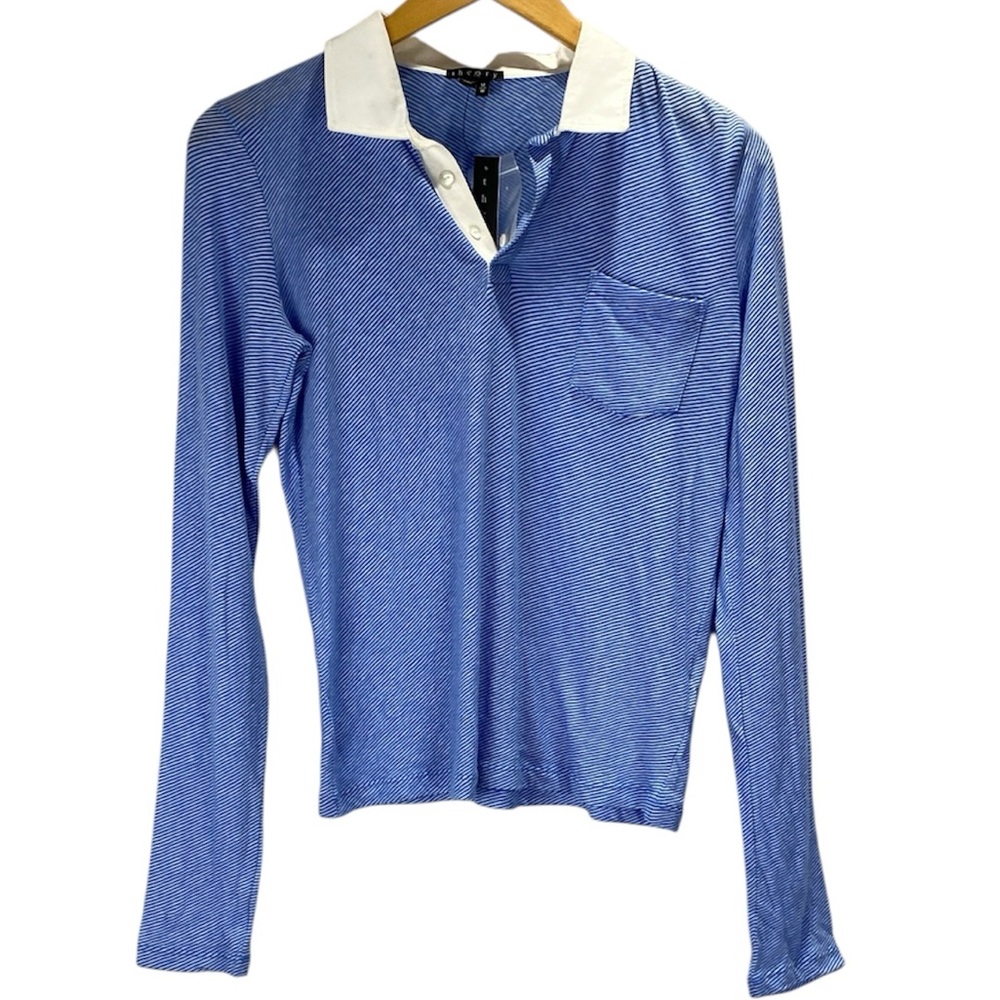 New Theory Fitted Stripe Top M Blue/White Long Sleeve Polo Shirt Cotton Knit